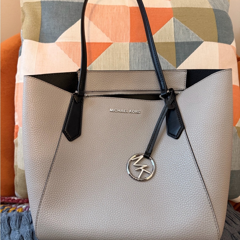 Michael Kors Taupe Pebbled Leather Tote with Black Handles
